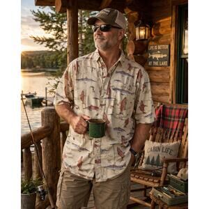 Columbia Sportswear Co. Mens L Cabin Core Fish Graphic Short Sleeve Button Shirt